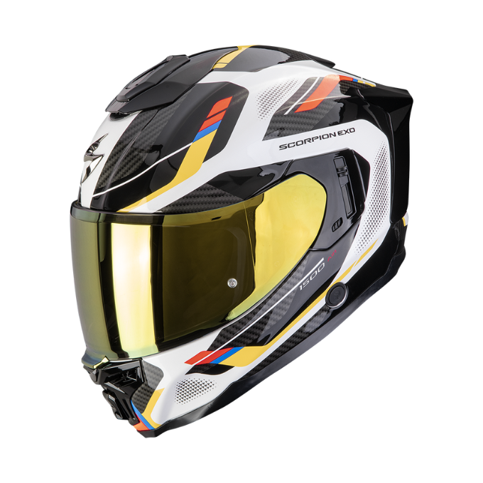 CASCO SCORPION EXO-1500 AIR SLEEK Blanco-Azul-Amarillo